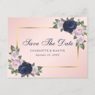 Elegante Navy Blue Gold Blush Pink Floral Wedding Ankündigungspostkarte