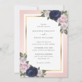Elegante Navy Blue Gold Blush Pink Floral Wedding Einladung (Vorderseite)