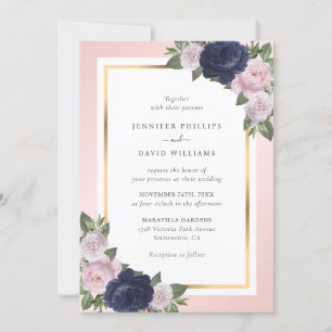 Elegante Navy Blue Gold Blush Pink Floral Wedding Einladung