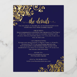 Elegante Navy Blue & Gold Foil Wedding Details Car Folie Einladungspostkarte