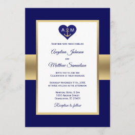 Elegante Navy Blue Gold Heart Nautical Wedding Einladung
