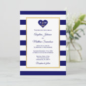 Elegante Navy Blue Gold Heart Nautical Wedding Einladung (Stehend Vorderseite)