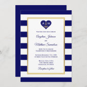 Elegante Navy Blue Gold Heart Nautical Wedding Einladung (Vorne/Hinten)