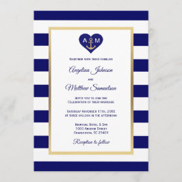 Elegante Navy Blue Gold Heart Nautical Wedding Einladung