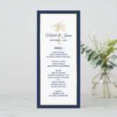 Elegante Navy Blue Gold Palm Tree Moderne Hochzeit Menükarte (Stehend Vorderseite)