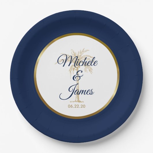 Elegante Navy Blue Gold Palm Tree Moderne Hochzeit Pappteller (Vorderseite)