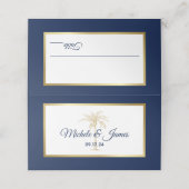 Elegante Navy Blue Gold Palm Tree Moderne Hochzeit Platzkarte (Außenseite Aufgefaltet)