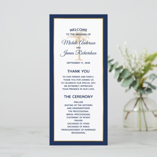 Elegante Navy Blue Gold Palm Tree Moderne Hochzeit Programm (Stehend Vorderseite)