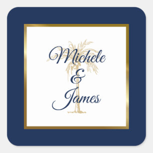 Elegante Navy Blue Gold Palm Tree Moderne Hochzeit Quadratischer Aufkleber