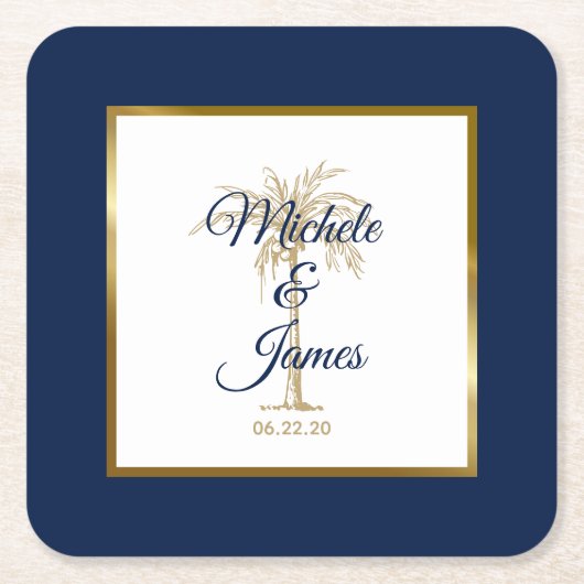 Elegante Navy Blue Gold Palm Tree Moderne Hochzeit Rechteckiger Pappuntersetzer (Vorderseite)