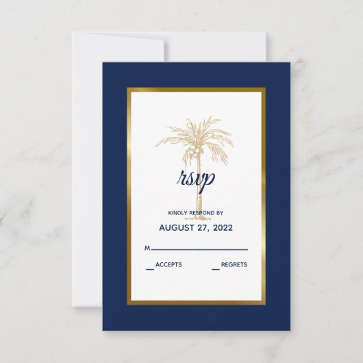 Elegante Navy Blue Gold Palm Tree Moderne Hochzeit RSVP Karte (Vorderseite)