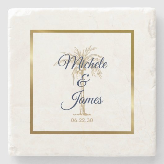 Elegante Navy Blue Golden Palm Tree Moderne Hochze Steinuntersetzer (Vorderseite)