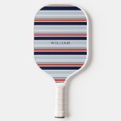 Elegante Navy Blue & Gray Coastal Streifen Custom Pickleball Schläger (Rückseite)