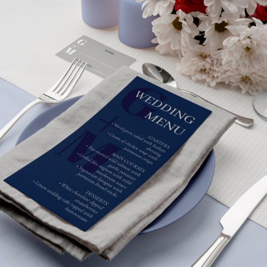 Elegante Navy Blue Gray Typografy Wedding Menu Menükarte