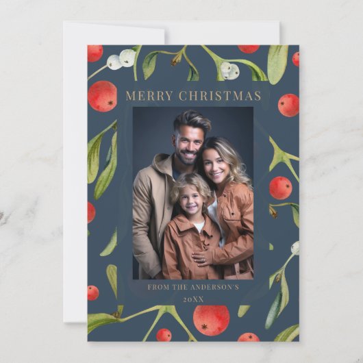 Elegante Navy Blue Mistletoe Holiday Foto Card Einladung (Vorderseite)