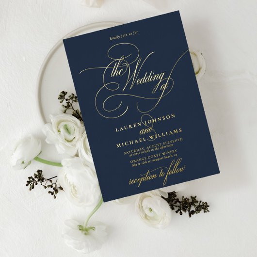 Elegante Navy Blue Modern Calligraphy Wedding Foil Folieneinladung