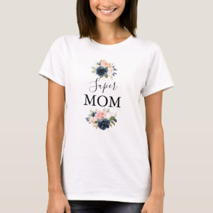 Elegante Navy Blue Pink Blush Floral Super Mama T-Shirt