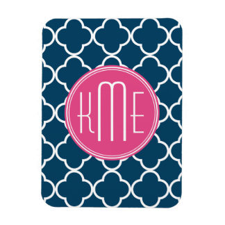 Elegante Navy Blue Quatrefolie mit rosa Monogramm Magnet