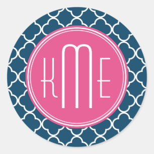 Elegante Navy Blue Quatrefolie mit rosa Monogramm Runder Aufkleber