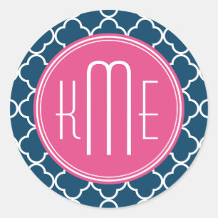 Elegante Navy Blue Quatrefolie mit rosa Monogramm Runder Aufkleber