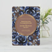 Elegante Navy Blue Rose Floral & Gold Brown Einladung (Stehend Vorderseite)