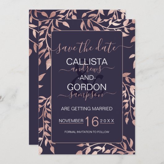 Elegante Navy Blue Rose Gold Floral Blätter Hochze Save The Date (Vorne/Hinten)