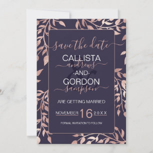 Elegante Navy Blue Rose Gold Floral Blätter Hochze Save The Date