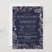 Elegante Navy Blue Rose Gold Floral Brunch Bubbly Einladung (Vorderseite)