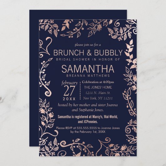 Elegante Navy Blue Rose Gold Floral Brunch Bubbly Einladung (Vorne/Hinten)