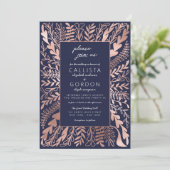 Elegante Navy Blue Rose Gold Floral Leaf Hochzeit Einladung (Stehend Vorderseite)