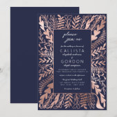 Elegante Navy Blue Rose Gold Floral Leaf Hochzeit Einladung (Vorne/Hinten)