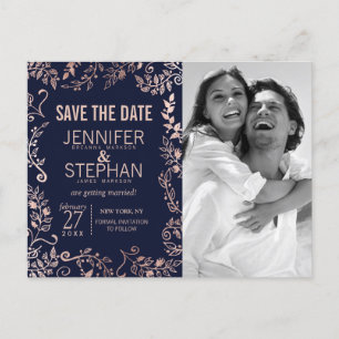Elegante Navy Blue Rose Gold Floral Save the Dates Ankündigungspostkarte