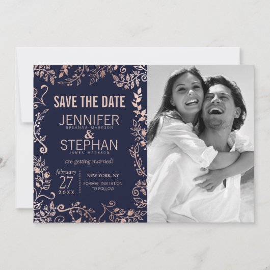 Elegante Navy Blue Rose Gold Floral Save the Dates Date (Vorderseite)