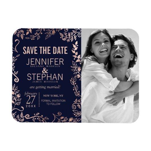 Elegante Navy Blue Rose Gold Floral Save the Dates Magnet (Horizontal)