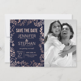 Elegante Navy Blue Rose Gold Floral Save the Dates Save The Date