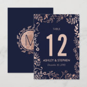 Elegante Navy Blue Rose Gold Floral Tischnummern (Vorne/Hinten)