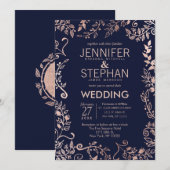 Elegante Navy Blue Rose Gold Floral Wedding Einladung (Vorne/Hinten)
