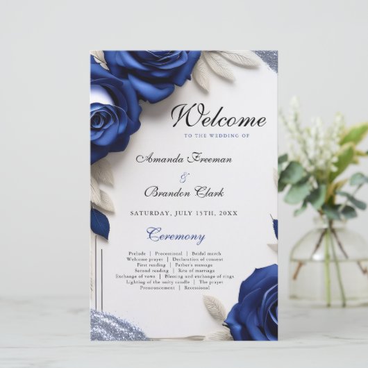 Elegante Navy Blue Rose & Silver Glitzer Hochzeit (Stehend Vorderseite)