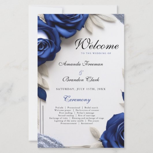 Elegante Navy Blue Rose & Silver Glitzer Hochzeit (Vorderseite)
