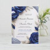 Elegante Navy Blue Rose & Silver Glitzer Hochzeit Einladung (Stehend Vorderseite)