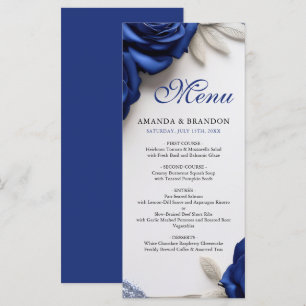 Elegante Navy Blue Rose & Silver Glitzer Hochzeit Menükarte