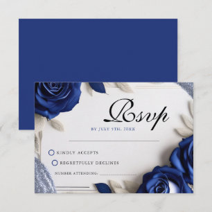 Elegante Navy Blue Rose & Silver Glitzer Hochzeit RSVP Karte