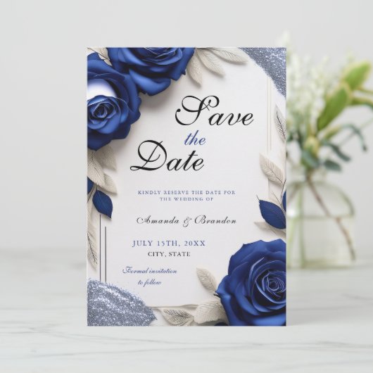 Elegante Navy Blue Rose & Silver Glitzer Hochzeit Save The Date (Stehend Vorderseite)