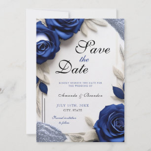 Elegante Navy Blue Rose & Silver Glitzer Hochzeit Save The Date
