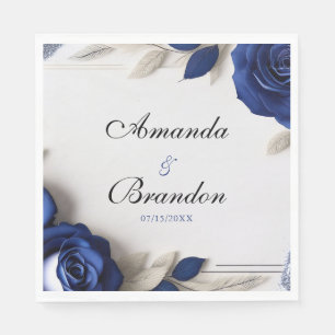 Elegante Navy Blue Rose & Silver Glitzer Hochzeit Serviette