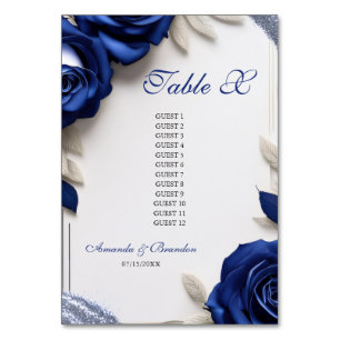 Elegante Navy Blue Rose & Silver Glitzer Hochzeit Tischnummer