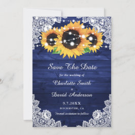 Elegante Navy Blue Rustic Wood Lace Sonnenblume Save The Date