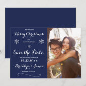 Elegante Navy Blue Save the Date Weihnachtskarten (Vorne/Hinten)