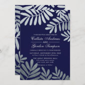 Elegante Navy Blue Silver Blätter Hochzeit Einladung (Vorne/Hinten)