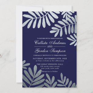Elegante Navy Blue Silver Blätter Hochzeit Einladung